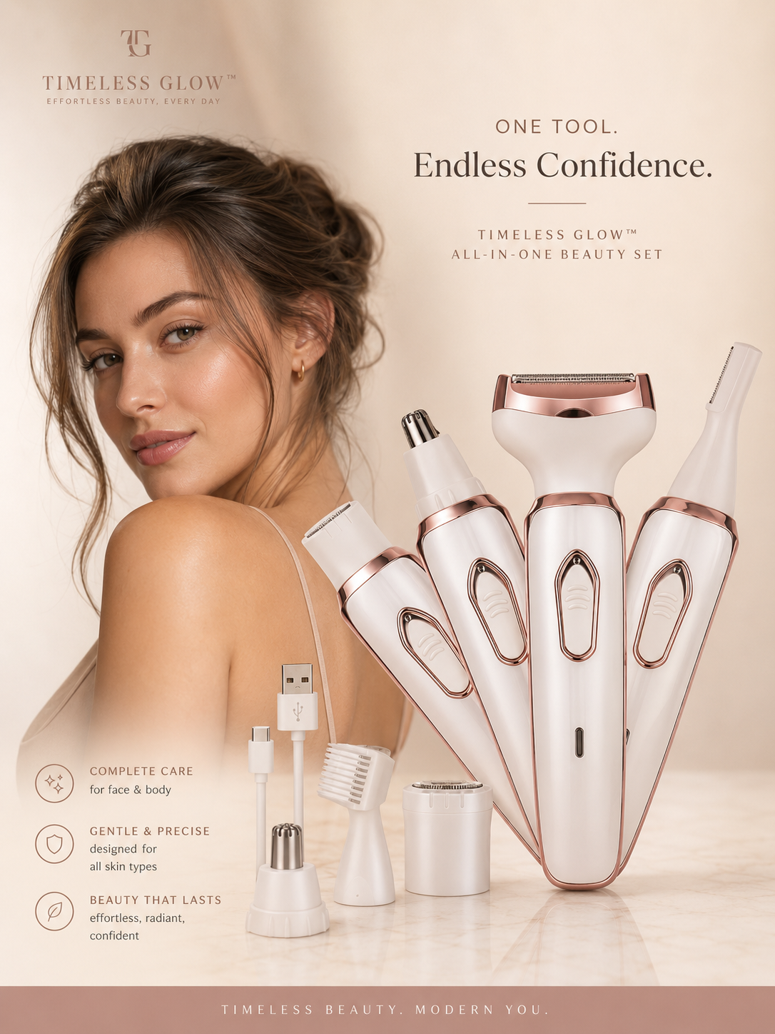 Timeless Glow 4-in-1 Ladies' Electric Epilator & Multi-Function Beauty Razor
