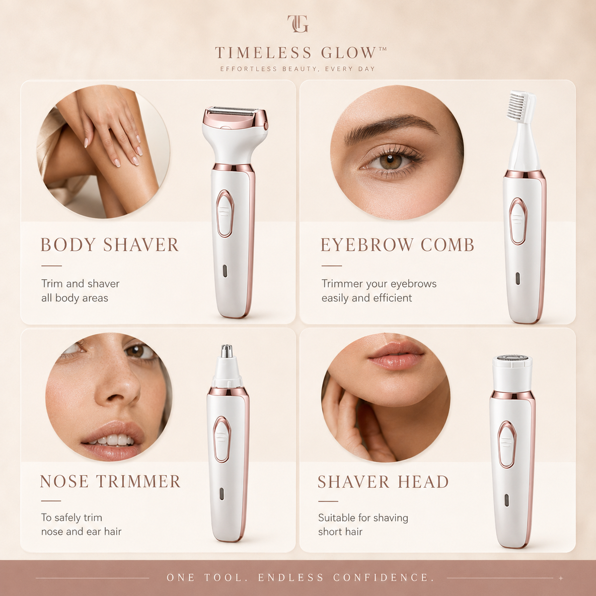 Timeless Glow 4-in-1 Ladies' Electric Epilator & Multi-Function Beauty Razor