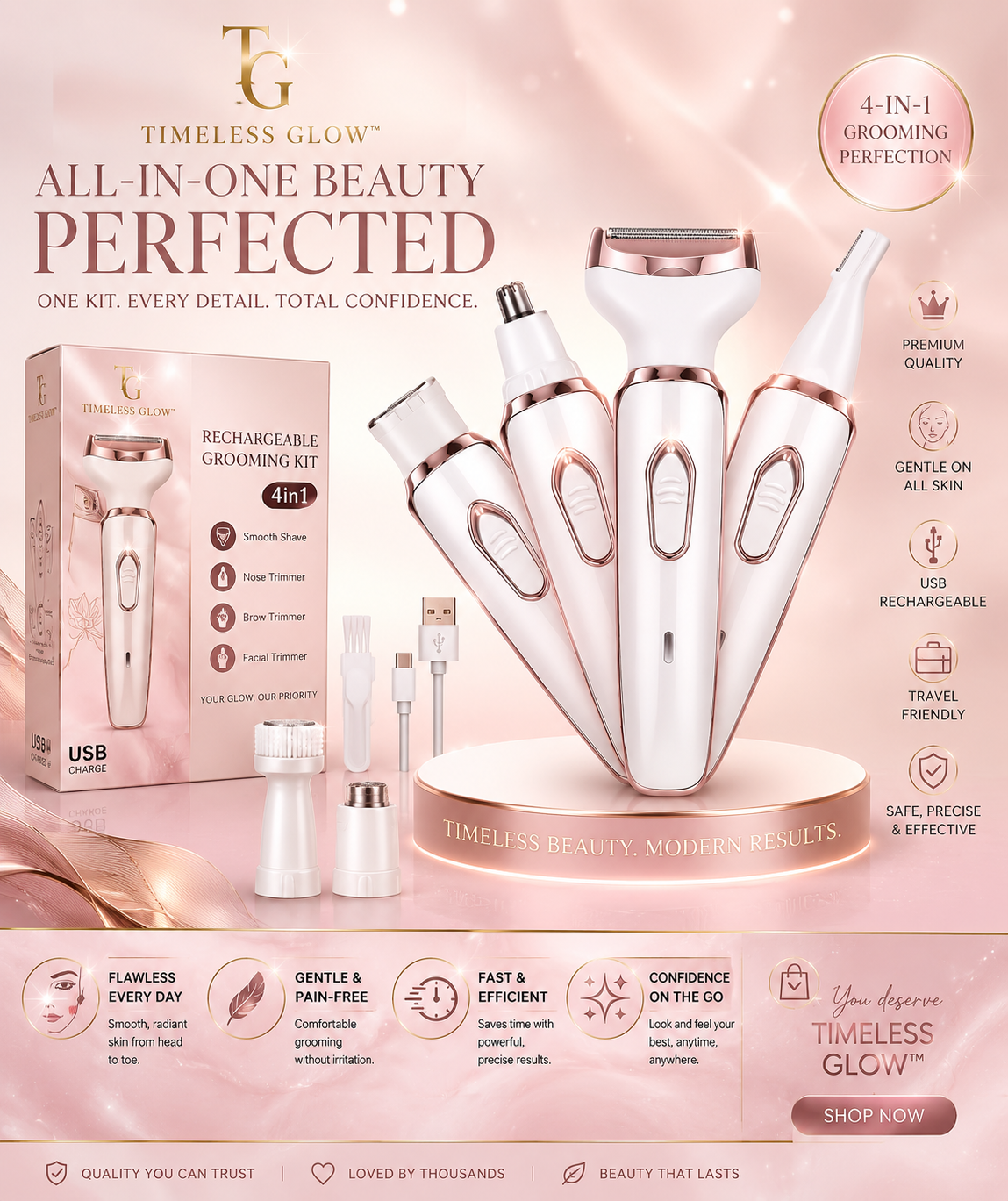 Timeless Glow 4-in-1 Ladies' Electric Epilator & Multi-Function Beauty Razor